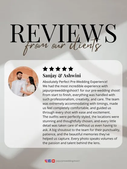 A glowing 5-star written review from Sanjay and Ashwini, who praise our team's professionalism, creativity, care, and punctuality. We love helping create beautiful memories!