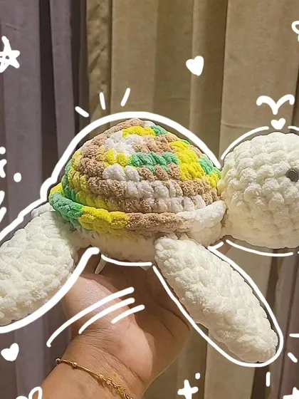 There are no limits to color customization with my turtle plushies. This one was a custom order with kiwi vibes, combining shades of green, yellow, and brown for a unique, summery look.