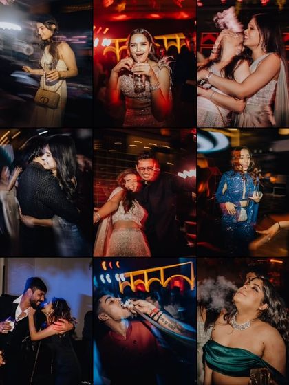 A collage of the wild and fun moments from the Sangeet after-party. This is where everyone lets loose and celebrates.