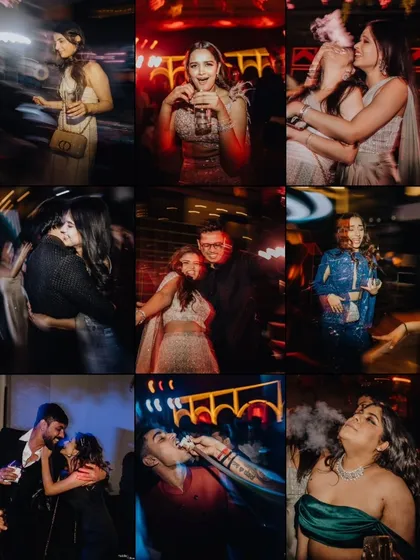 A collage of the wild and fun moments from the Sangeet after-party. This is where everyone lets loose and celebrates.