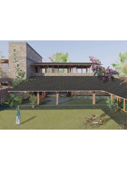 This render shows the heart of the summerhouse: a deep, shaded verandah that looks out onto a private lawn. The home is designed around the enjoyment of its garden, with living spaces flowing effortlessly into the outdoors.