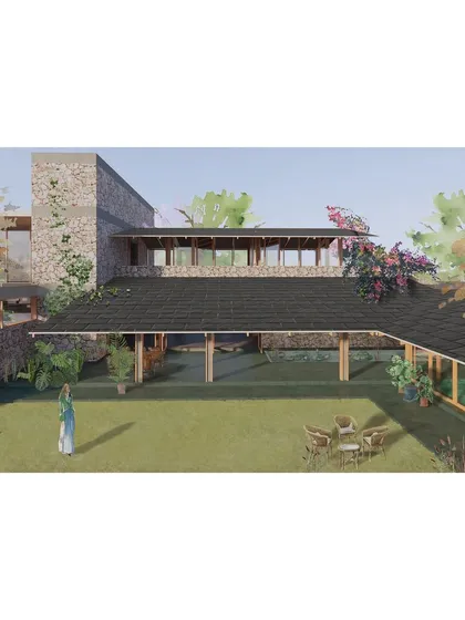 An illustration for a 'Summerhouse in a Garden', envisioning a home centered around a green lawn and a long, shaded verandah from which to enjoy it.
