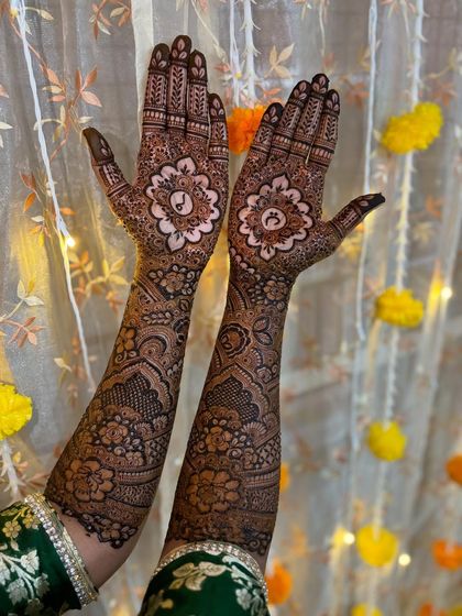 A full view of the arms with the initial mandalas on the palms. The rest of the design is a lovely mix of floral and traditional patterns.