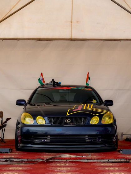 The front view of the custom Lexus drift car, a machine built for going sideways. The unique modifications and aggressive look make it a fan favorite.
