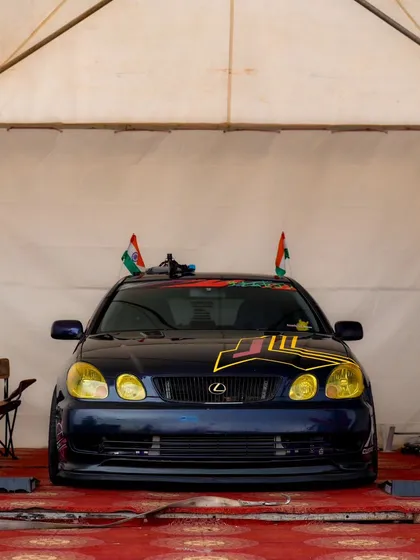 The front view of the custom Lexus drift car, a machine built for going sideways. The unique modifications and aggressive look make it a fan favorite.