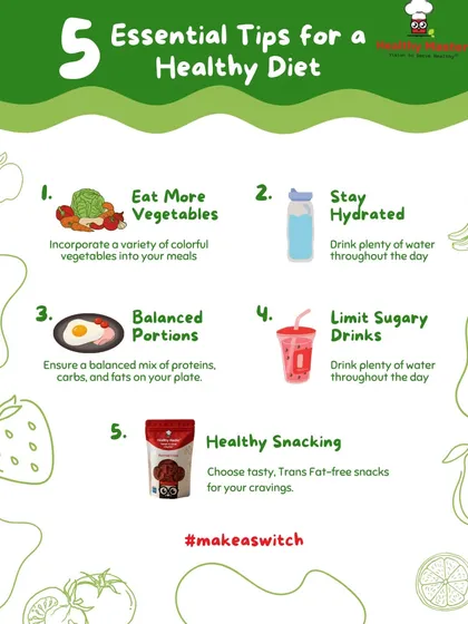 Here are 5 essential tips for a healthy diet. From eating more vegetables to choosing healthy snacks, small changes can lead to big benefits.