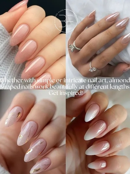 Whether long or short, the almond shape works beautifully. This collage shows a variety of styles, including milky chrome, ombré, and delicate gold foil accents.