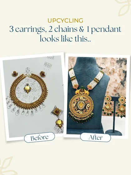 From sketch to reality. This image shows the "before" sketch and the "after" masterpiece, created by combining three earrings, two chains, and one pendant into a grand, intricate necklace and earring set.