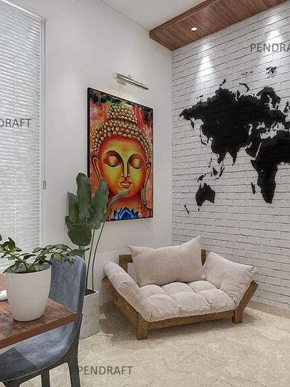 We designed this study and meditation room for a working couple. The exposed white brick wall features a 3D world map, creating a perfect, professional backdrop for virtual meetings.