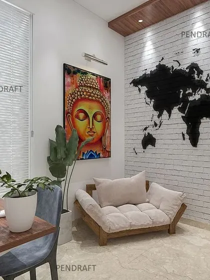 We designed this study and meditation room for a working couple. The exposed white brick wall features a 3D world map, creating a perfect, professional backdrop for virtual meetings.
