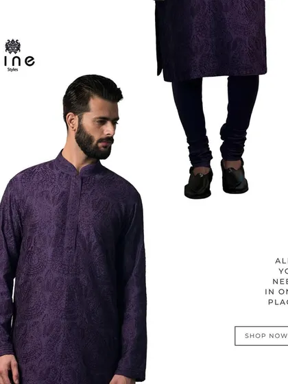 A complete look featuring our purple self-patterned kurta and churidar. This is a classic, timeless ensemble that is perfect for any traditional occasion.