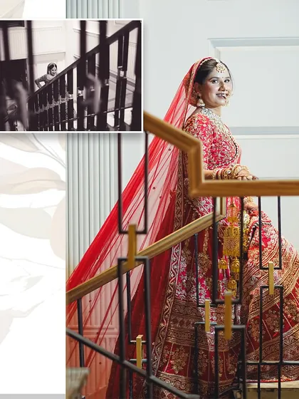 An elegant bridal portrait on a staircase, with a creative picture-in-picture effect showing another angle. This adds a unique, layered look to the final image.