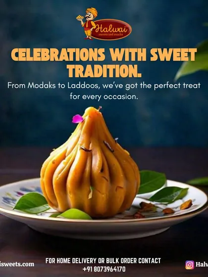 From Modaks to Laddoos, I've got the perfect treat for every occasion. This image features a beautifully crafted Kesar Modak.