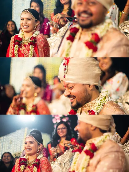 The joy and laughter of the bride and groom during their wedding ceremony.