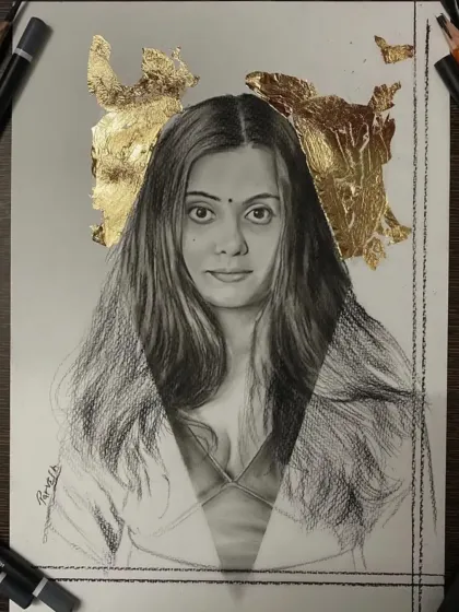 A mixed-media sketch combining charcoal with gold leaf for a touch of elegance and divinity.