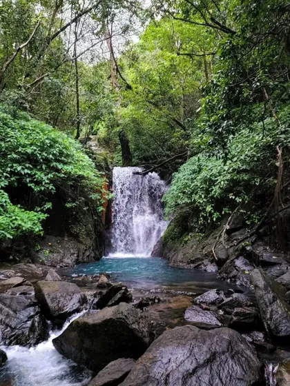 Another view of the stunning turquoise pool at an unexplored waterfall, surrounded by the dense forests of Uttara Kannada.