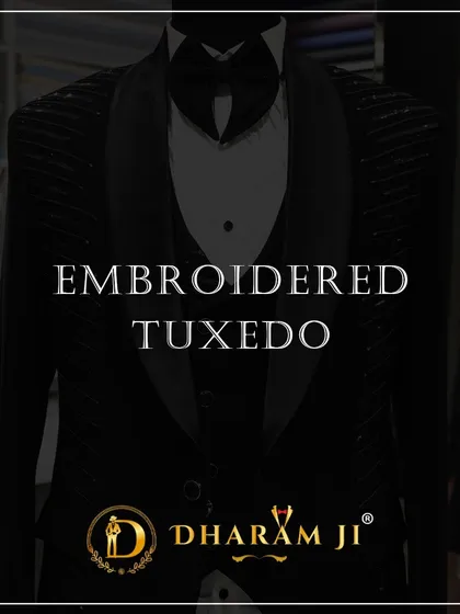 A graphic for my embroidered tuxedo collection, showcasing a design with intricate silver threadwork.