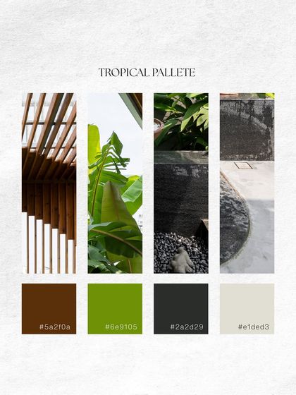 A "Tropical Palette" mood board, showing the key materials and colors for a project. It features swatches of wood, stone, and lush greens, defining the tactile and visual language of the design.