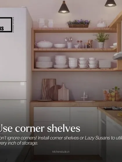 Don't let corners become dead space. Open shelving is a great way to utilize corner areas for storing everyday dishes or decorative items.
