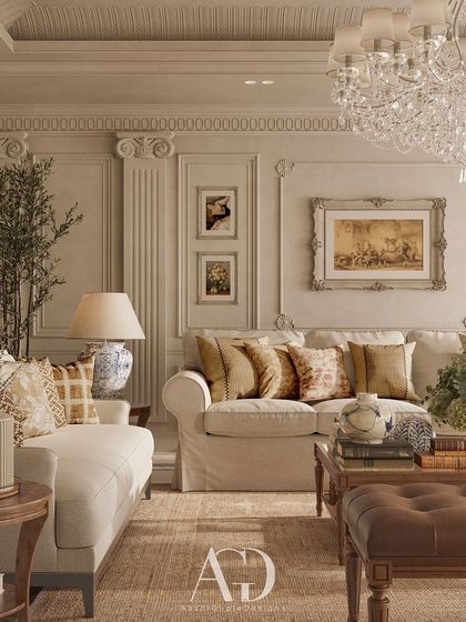 In this formal drawing room, I married the timeless grace of classical design with ornamental charm. The space features grand columns, elaborate cornices, and luxurious sofas, creating an atmosphere of tranquility and harmony.