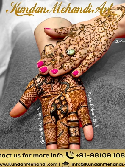 A mix of traditional full-hand mehndi and a lighter, modern vine pattern on the other hand, showing options for festival designs.