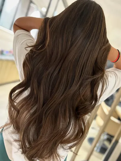 The back view of this warm mocha and beige balayage. You can see the seamless blend of colors and the healthy shine of her long hair.