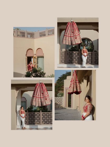 A creative collage showing the bride and her lehenga. Shots of her posing on a balcony are mixed with an artistic shot of the lehenga skirt hanging, highlighting its intricate design.