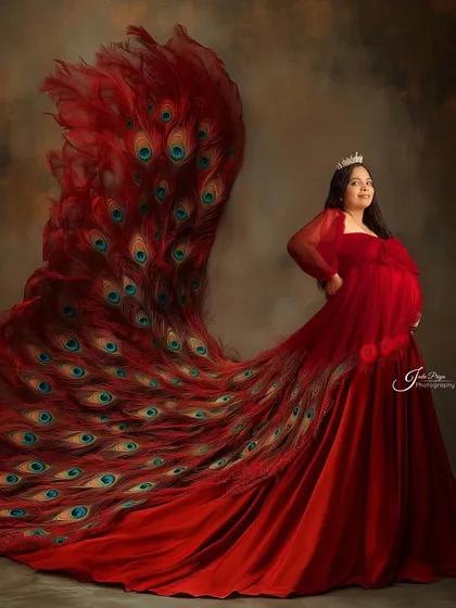 My designer gown collection helps create stunning, high-fashion maternity portraits. This mom-to-be looks regal in a flowing red gown with an elaborate peacock feather train.