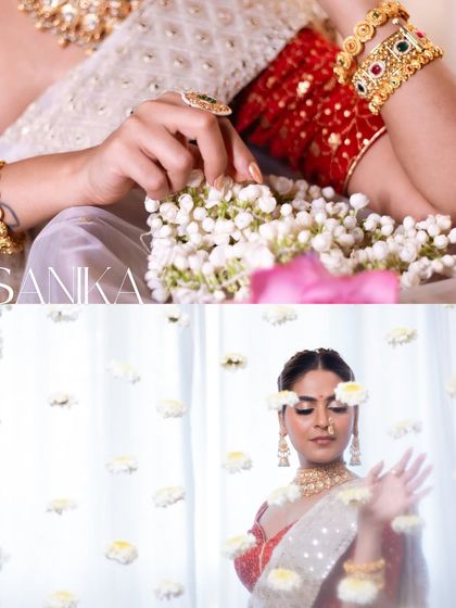 A collage showing different angles of this artistic photoshoot, from the intricate details of the jewelry and flowers to the overall ethereal vibe of the look.