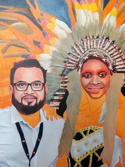 More progress on the group portrait. You can see how I work on different sections at a time, slowly bringing each person to life with color.