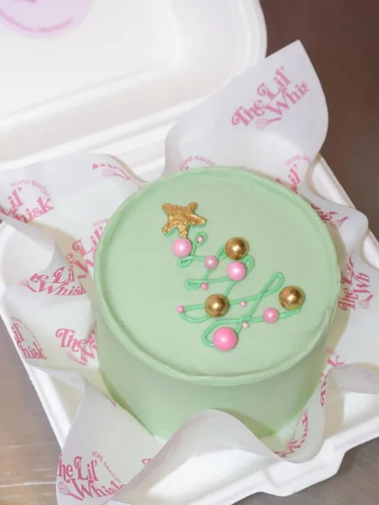 A minimalist and modern Christmas bento cake in pastel green, decorated with a simple tree outline and pink and gold ornaments.