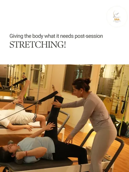 Post-session stretching is crucial for recovery and flexibility. Here, I'm using the reformer to help a client achieve a deep, supported hamstring stretch, allowing the body to lengthen without strain.