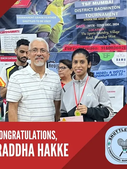 Gold for Shraddha Hakke. Celebrating her first-place finish in the Women’s Singles Open category at the Mumbai District Badminton Tournament.
