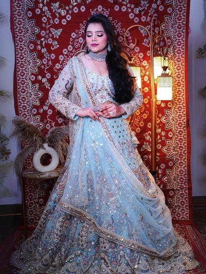 Another angle of this exquisite lehenga, showing its beautiful drape and volume.