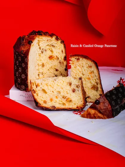 An introductory image for my Christmas menu, featuring the classic Raisin & Candied Orange Panettone.