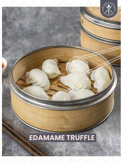 My Edamame Truffle dimsums are a true gourmet experience, combining earthy truffle with fresh edamame.