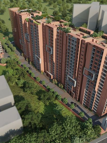 This aerial render showcases the master plan for a large residential development. We strategically placed green rooftops and community amenities to maximize space and create a holistic living environment that rises above the ordinary.