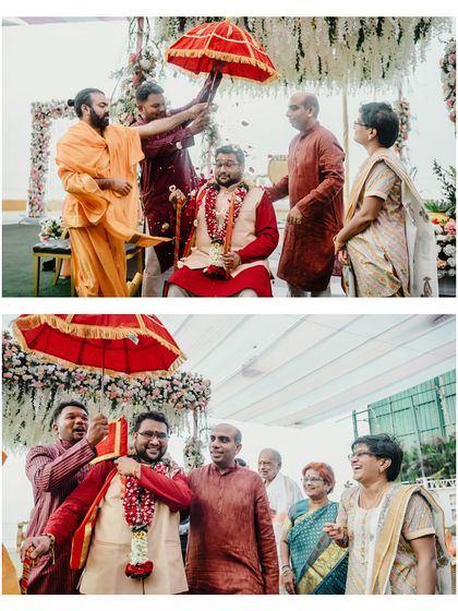 The Kashi Yatra ritual in a South Indian wedding, where the groom pretends to leave for a pilgrimage before the bride's father persuades him to marry his daughter.