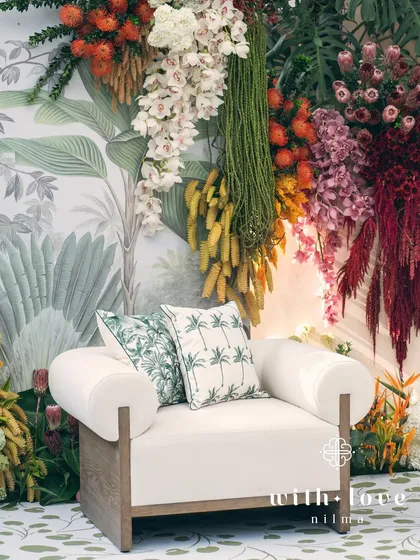 The full view of the 'Garden of Gaia' backdrop, a stunning wall of flowers for the seemantha ceremony.