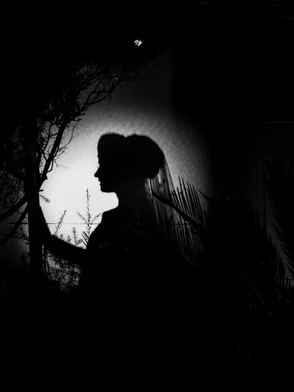 A dramatic black and white silhouette of the bride. The play of light and shadow creates a mysterious and artistic portrait that is both powerful and elegant.