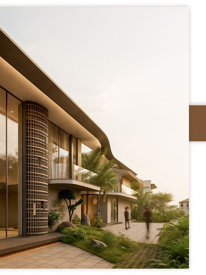 The flowing lines of Obsidian X are evident in this view of its facade. The curved roof and balconies create a sense of movement, while the extensive use of glass keeps the structure feeling light and connected to its green surroundings.