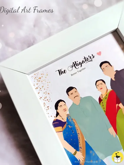 A close-up detail of the family illustration, showing the corner of the white frame and the fine details of the digital artwork.