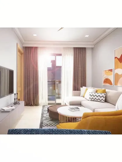 The bright and airy living room of an apartment in our Flora Avenue project. This space demonstrates our ability to deliver thoughtful, modern interior design solutions for micro-housing, maximizing comfort and style within a compact footprint.
