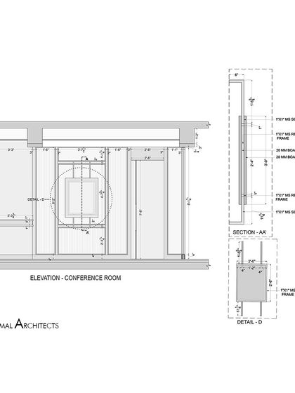 An elevation and section detail for the conference room partition in the Jain Cosphere Office. This drawing specifies the MS frame and panel construction for the custom artwork display.