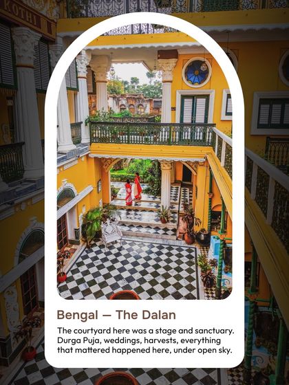 In Bengal, the courtyard, or 'Dalan', was the stage for life itself. From Durga Puja to weddings and harvests, everything that mattered happened here under the open sky, making the home a sanctuary for community and celebration.