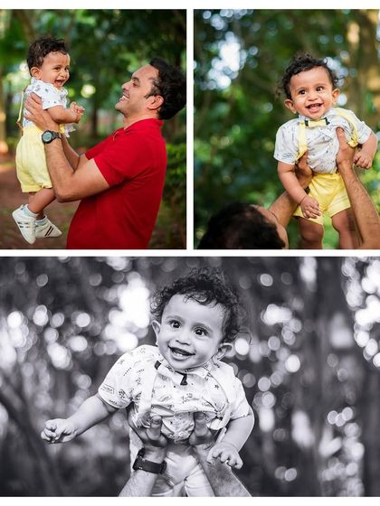A collage showing a father playfully lifting his son, with a mix of color and black and white shots to capture the joy.
