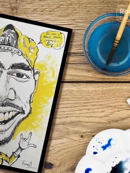 A cool and casual digital caricature, displayed on a wooden desk with my art supplies. The digital format allows for clean lines and vibrant, flat colors.
