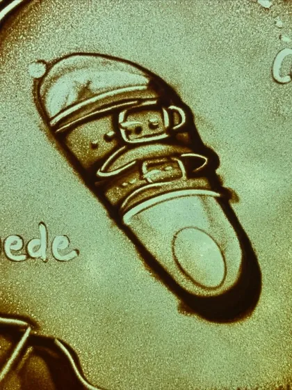 Another key moment in the Birkenstock sand animation, focusing on the final product. This visual emphasizes the brand's iconic design and heritage, created for a major corporate event to celebrate their legacy.