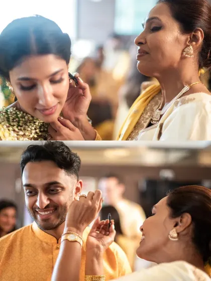 A beautiful parallel of the bride and groom receiving blessings and gifts from their mothers during the haldi ceremony.