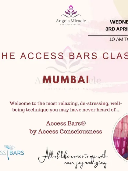 Imagine releasing years of stress and mental clutter in a single, relaxing session. This poster for my Access Bars class in Mumbai outlines how this one-day, hands-on training works. You'll learn to run the 32 points on the head to create more ease, joy, and consciousness for yourself and others.